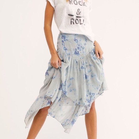 LoveShackFancy Dresses & Skirts - LoveShackFancy Blue Floral Rowan Silk Asymmetrical Skirt Size P